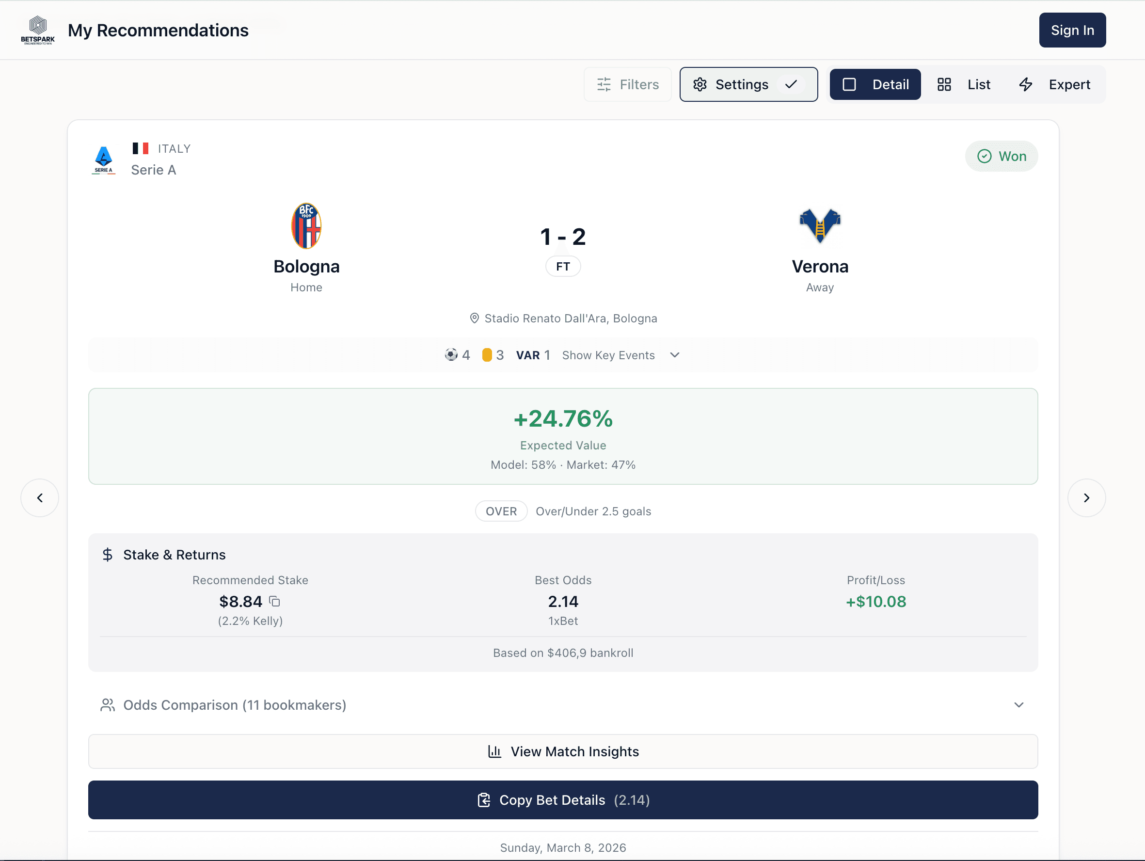 BetSpark app on desktop — a single bet recommendation with expected value and odds
