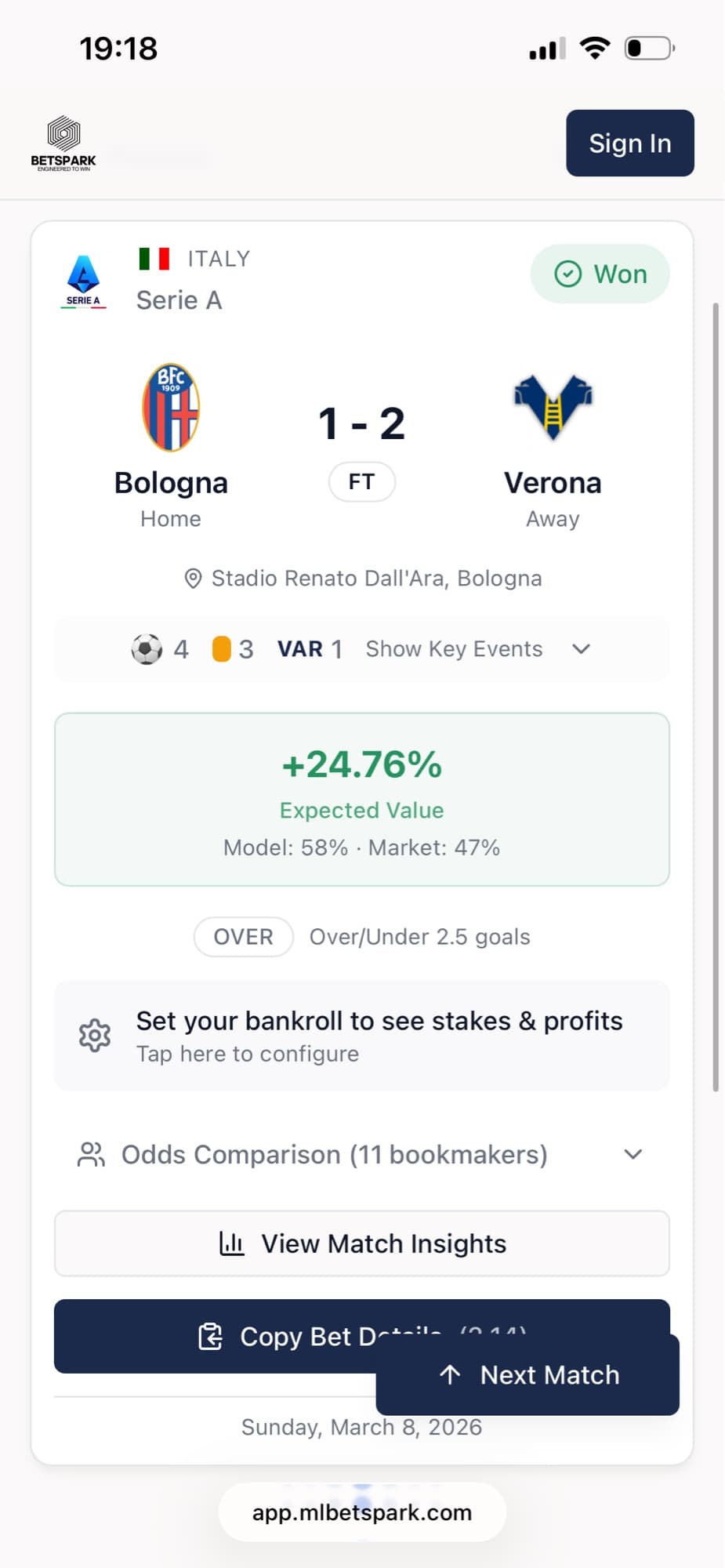 BetSpark app on mobile — a single bet recommendation with expected value and odds